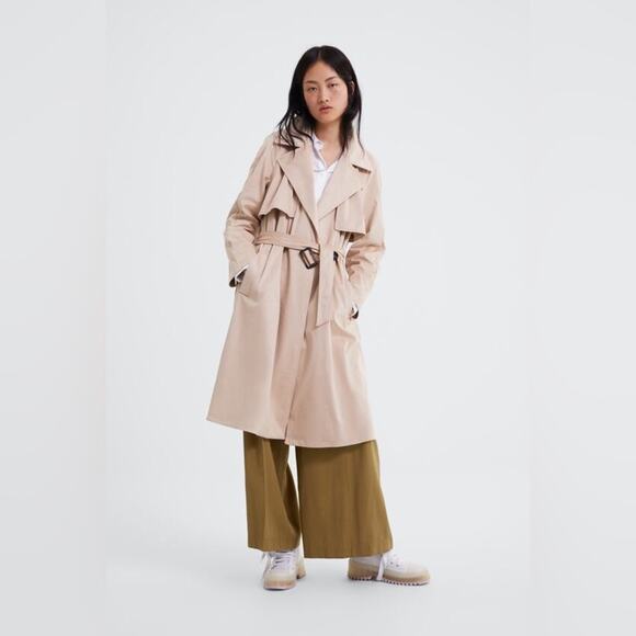 Zara Tan Trench Coat XS Faux Suede Double Breasted Belted Classic Mid Length - Picture 2 of 16